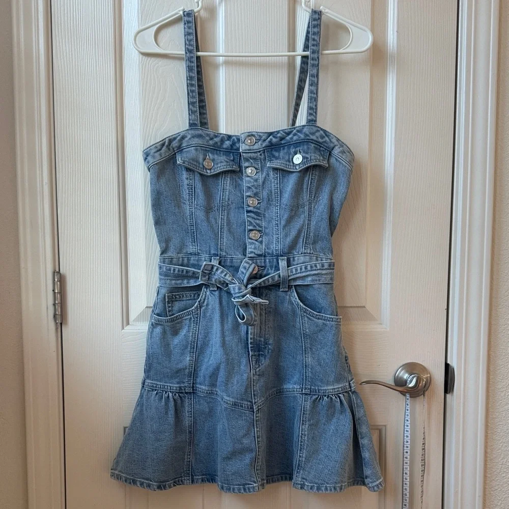7 for all Mankind Surplus Flounce Denim Mini Dress with Adjustable Straps XS - Picture 2 of 10
